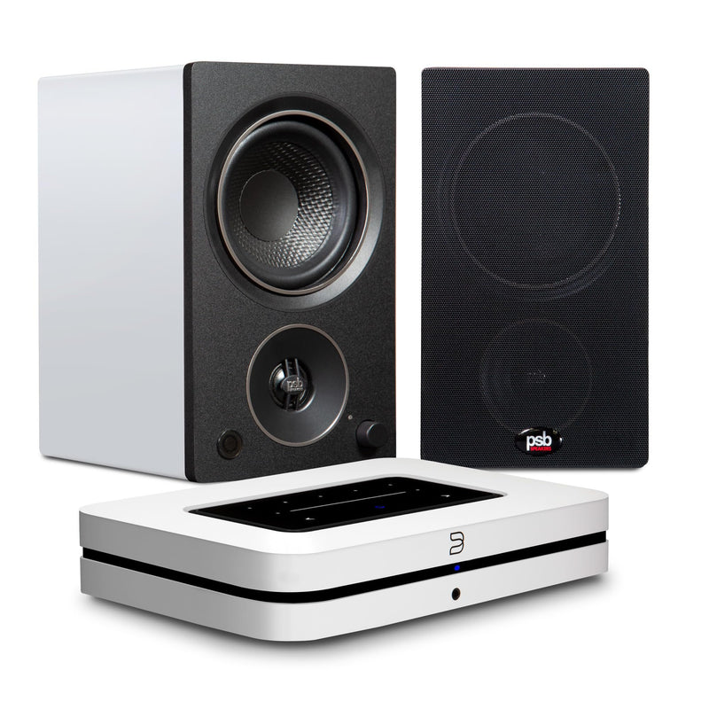 PSB Speakers Alpha AM3 Powered Bookshelf Speakers with Bluesound Node Music Streamer (Bundle) - White